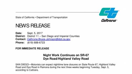 State Route 67 Dye Road/Highland Valley Road Improvement Project Construction Update #21